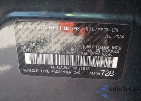 2024 Mitsubishi Mirage Es/Le из США, поврежденный, VIN ML32AUHJ2RH021976